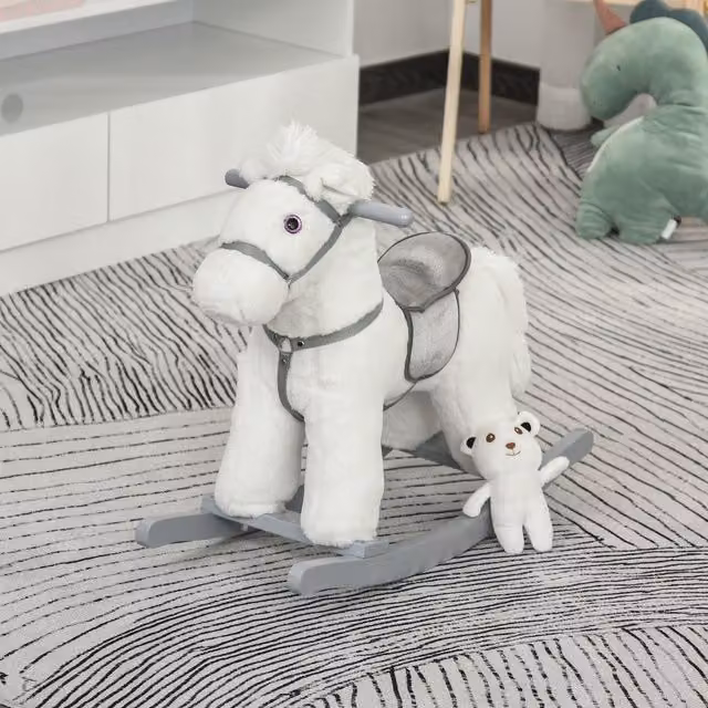 HOMCOM White Plush Wild Animal Ride-On Rocking Horse with Sound Effects