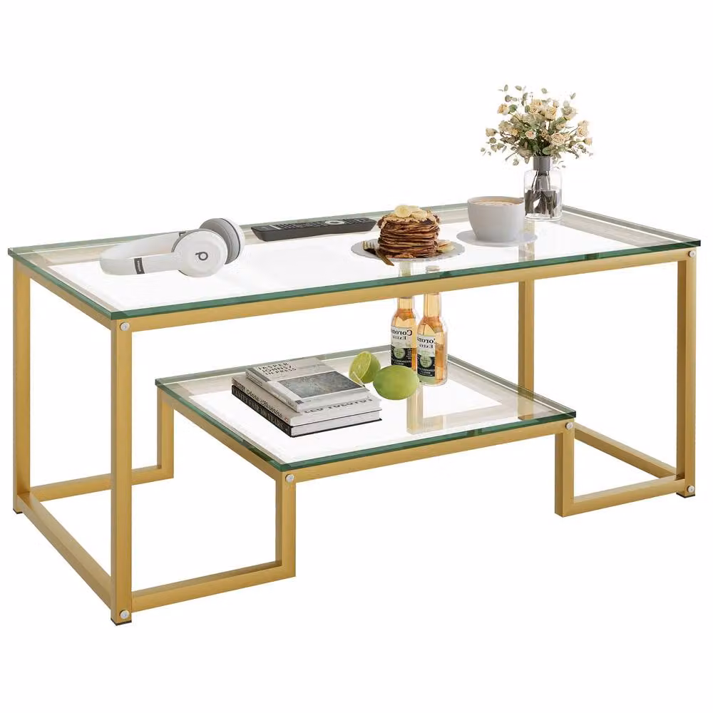 Huhote Rectangular 2-Tier Coffee Table with Gold Metal Frame and Glass Top, W/D/H: 100 x 48 x 45 cm – 2
