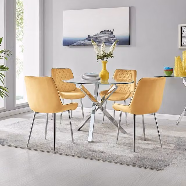 FurnitureboxUK Selina Round Glass Dining Table with Four Yellow Mid-Century Chairs and Silver Metal Legs