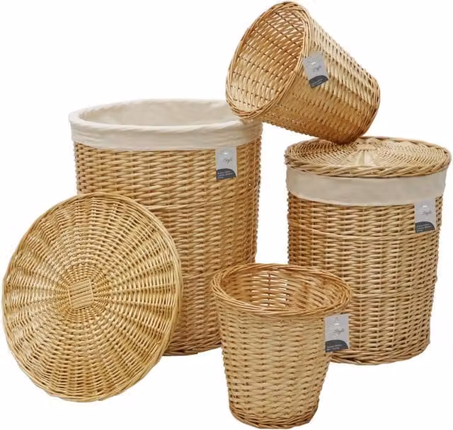JVL Set of 2 Round Hand Woven Acacia Laundry Baskets and 2 Waste Paper Baskets with Lids and Removable Bags in Gold