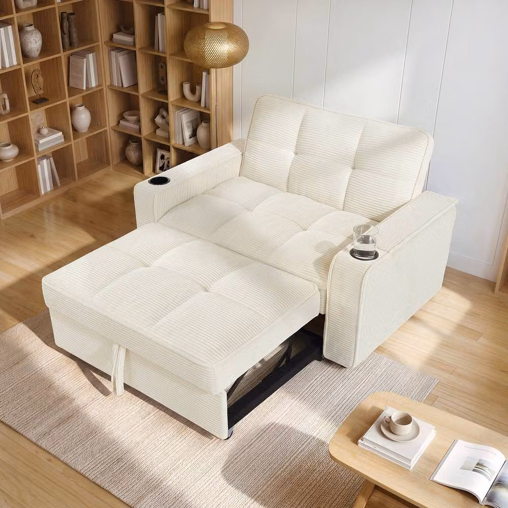 Merax 2 Seater Corduroy Convertible Pull Out Sofa Bed with LED Lighting, Cup Holders and Storage in Beige (W/D/H: 120 x 76 x 85 cm) – 3