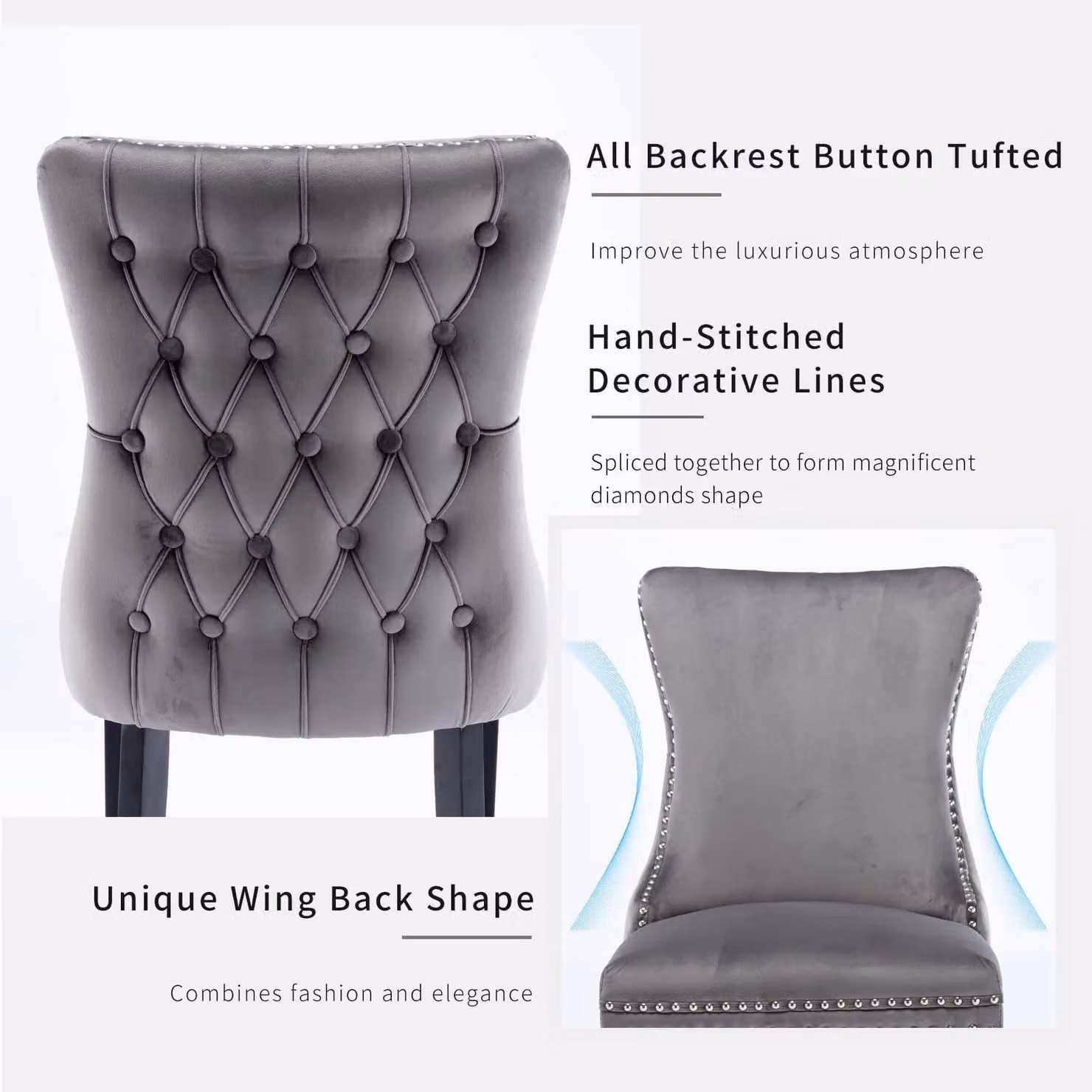 HomeTouch Sierra Set of 6 Grey Velvet Tufted Wing Back Dining Chairs with Oak Wood Legs – 2