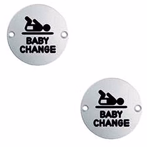 Loops 2 Pack Baby Change Bathroom Door Signs in Brushed Silver Stainless Steel, 76mm Diameter with 64mm Fixing Centres