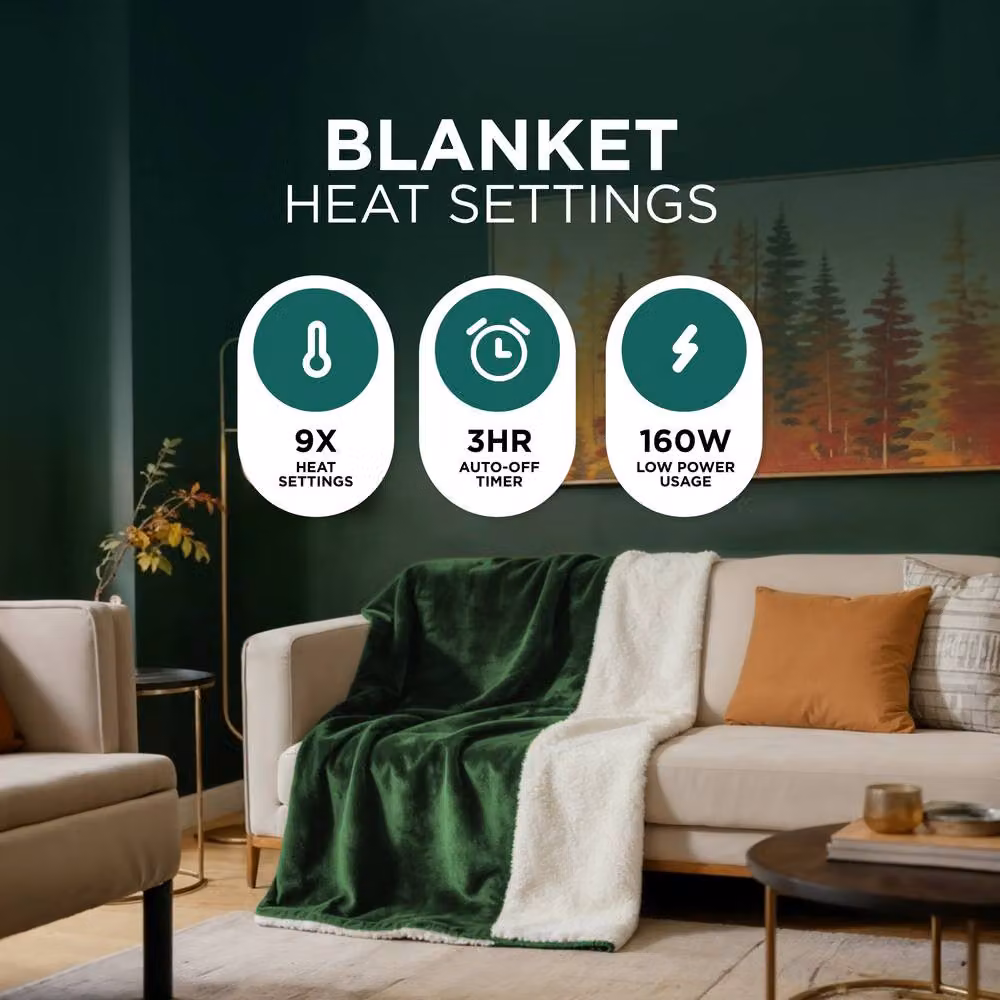 DMD Collective Green Fleece and Sherpa Electric Blanket Throw with Timer Settings, W/D/H: 150 x 200 cm – 3