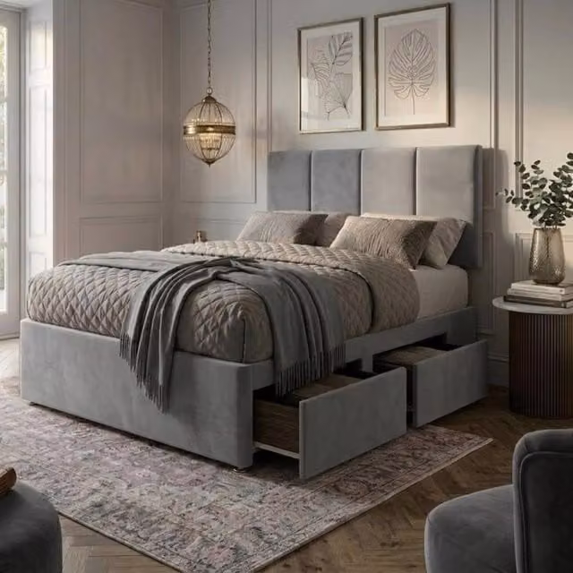 Bed Time UK Plush Grey Velvet Divan Bed with Mattress, 20 inch Vertical Headboard and 2 Drawers, W/D/H: 90 x 190 cm, Single