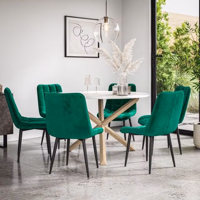 More4Homes Malvern Round Dining Table and 6 Nova Velvet Chairs Set, White Marble Top with Solid Oak Legs and Green Chairs, Diameter: 120 cm, Height: 75 cm – 1