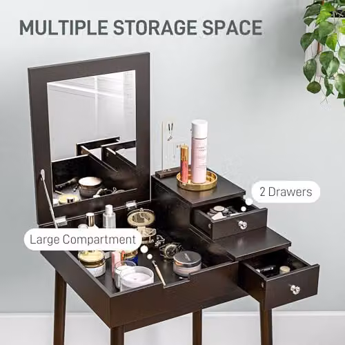 HOMCOM Modern Black Dressing Table with Flip-up Mirror and 2 Drawers – 4