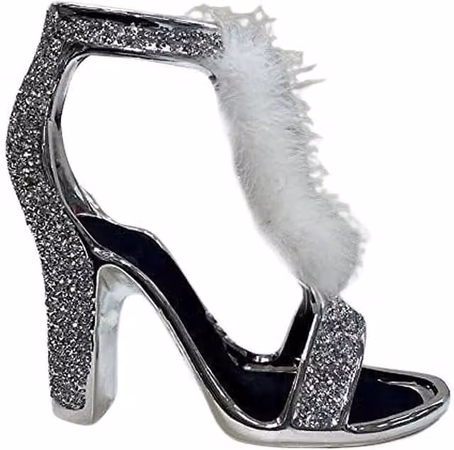Biznest Silver and White Crushed Diamond Ceramic Feather Shoe Tabletop Ornament