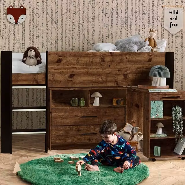 Julian Bowen Otis Midsleeper Bed in Urban Rustic and Black Solid Wood with Stairs and Drawers