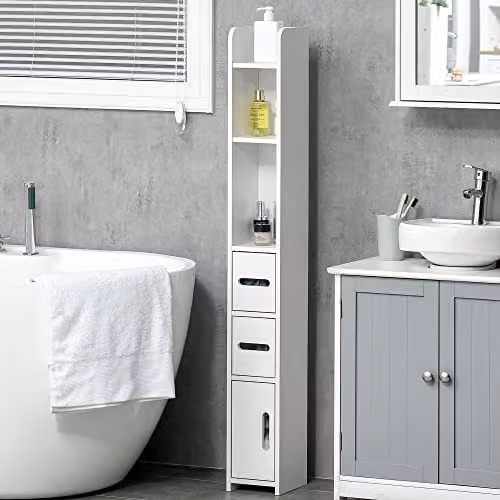 Kleankin Modern Freestanding White Bathroom Storage Cabinet with Open Shelves and 3 Cupboards, H 120 x W 60 x D 30 cm – 2