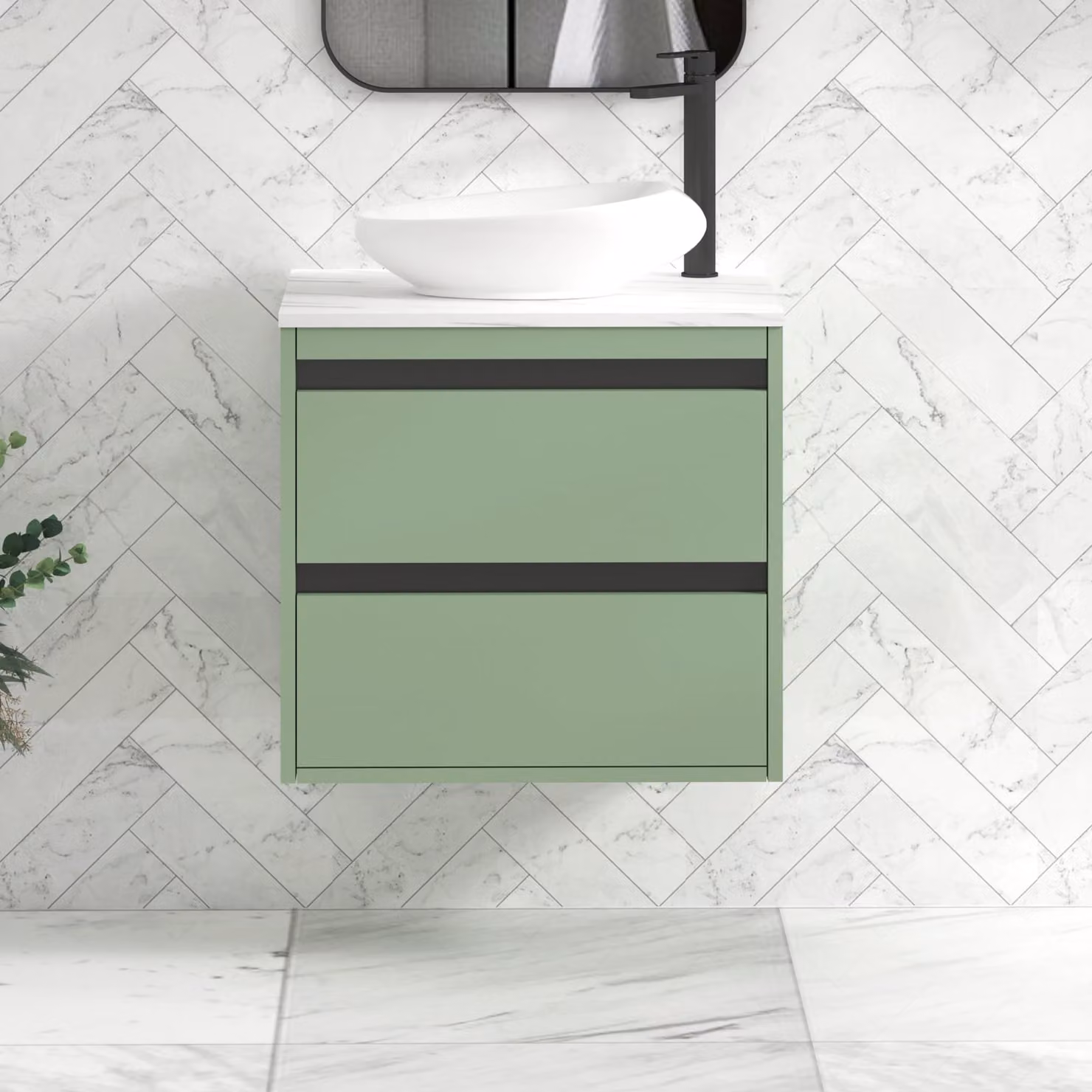 Royal Bathrooms Orion 600mm Mint Sage Wall Hung Countertop Vanity Unit with Nova Basin and Black Accent Trim