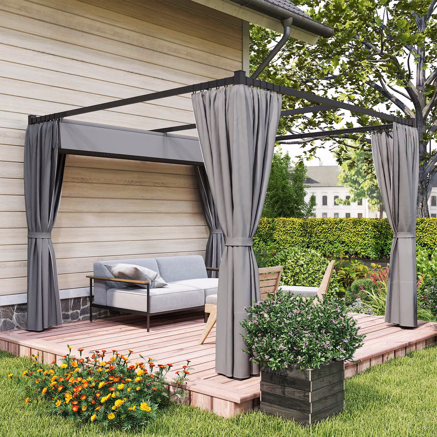 Outsunny Retractable Pergola Garden Gazebo Shelter with Curtains, Light Grey, W: 300 cm, D: 300 cm, H: 227 cm – 7