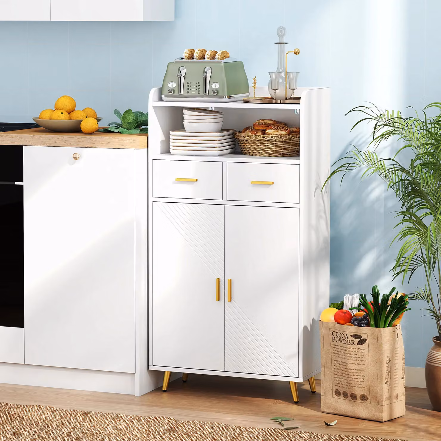 Gymax Modern Freestanding Buffet Sideboard Kitchen Cabinet with 2 Doors and 2 Drawers in White – 2