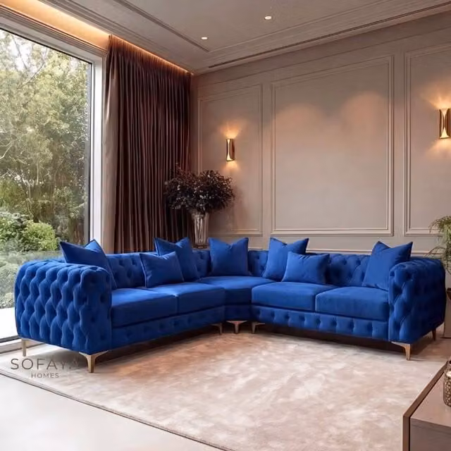 Sofaya Monaco 5 Seater Chesterfield Corner Sofa in Blue Velvet with Chaise, W: 220 cm, D: 70 cm