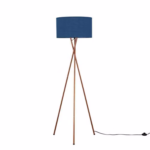 ValueLights Camden Modern Copper Metal Tripod Floor Lamp with Blue Fabric Cylinder Shade