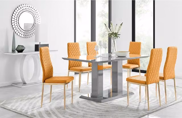 FurnitureboxUK Imperia Grey High Gloss Rectangular Dining Table with 6 Milan Mustard Chairs and Gold Legs