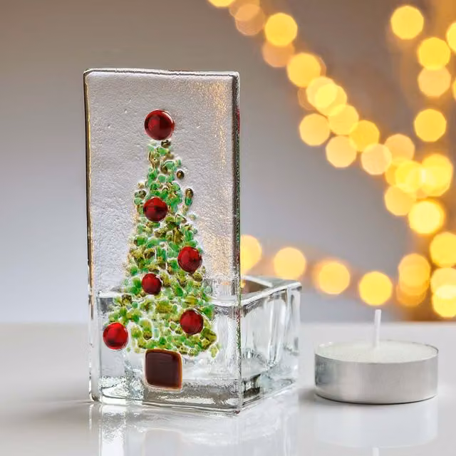 Sienna Glass Handmade Fused Glass Christmas Tree Tea Light Holder in Red