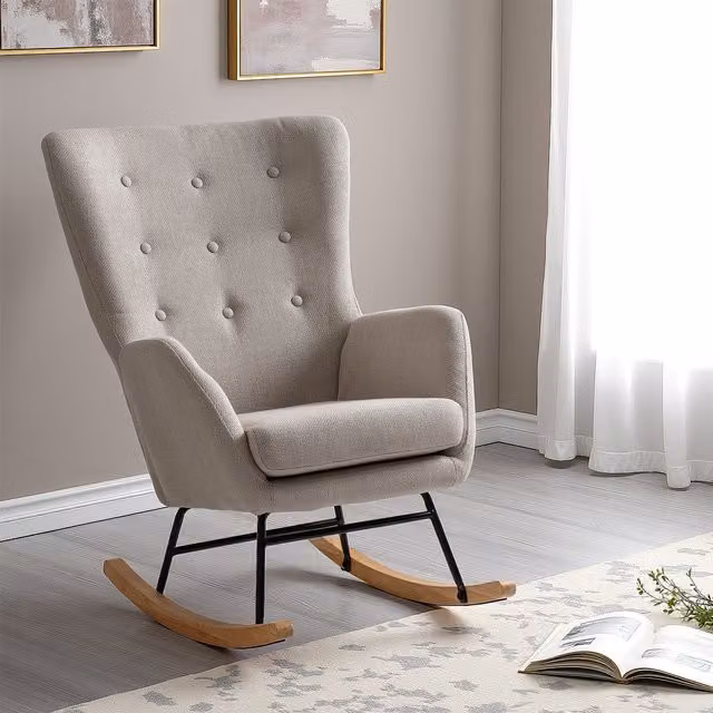Seconique Hayden Rocking Chair in Beige and Grey Fabric with Armrests