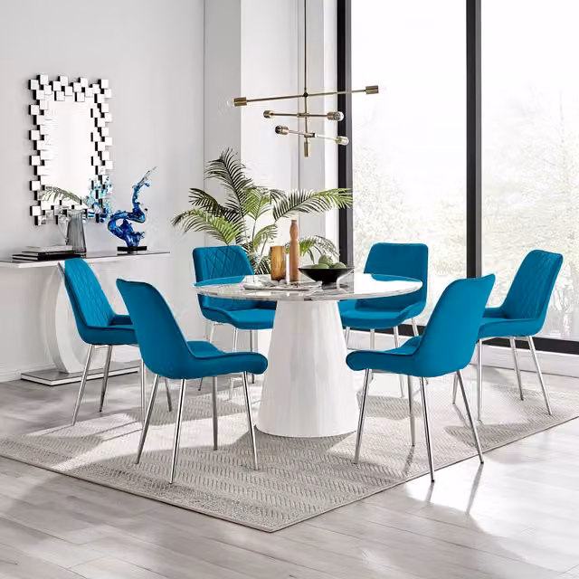 Furniturebox Palma Round White Marble Effect Dining Table and 6 Pesaro Silver Chairs in Blue
