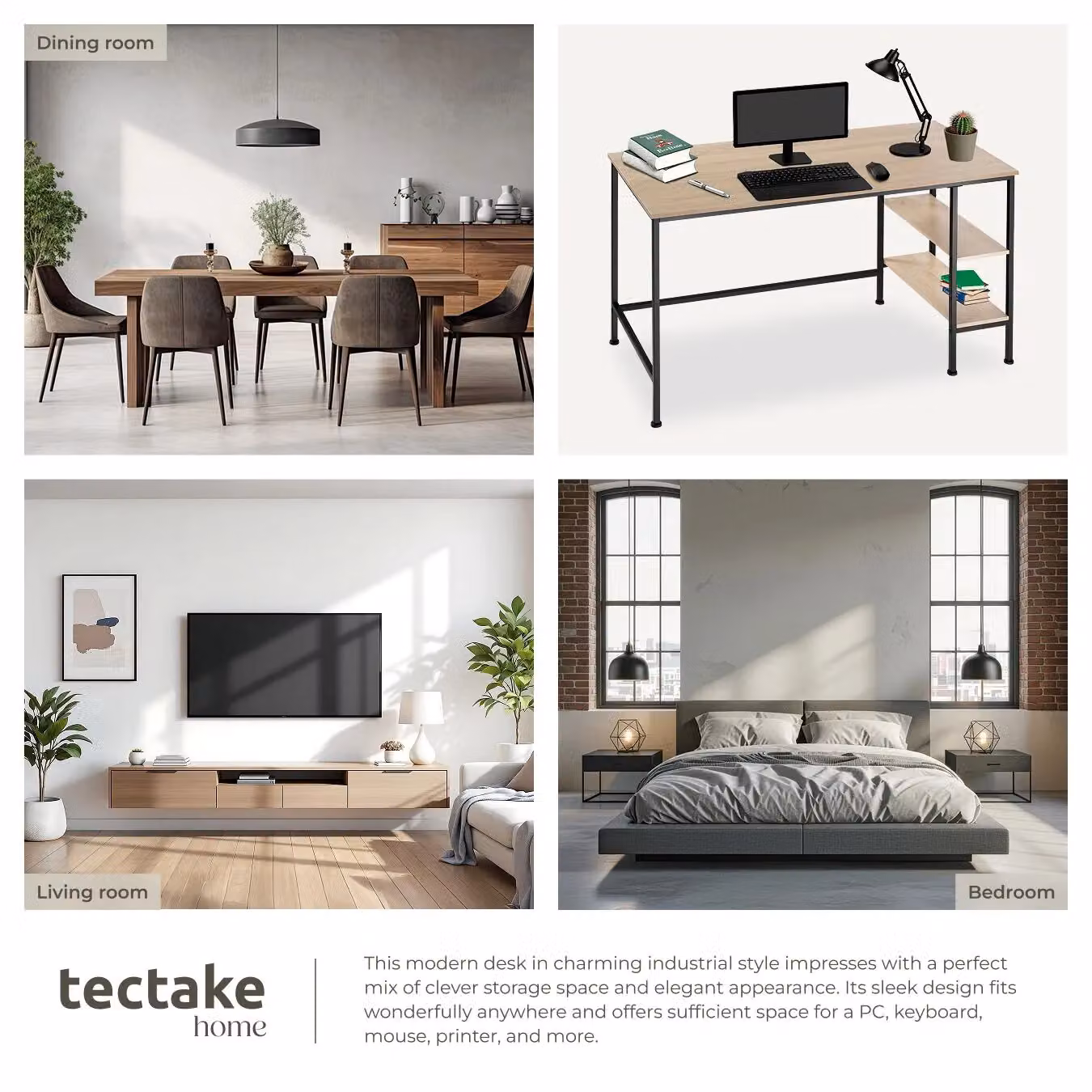 tectake Computer Desk with Side Storage Shelves in Oak and Black, W/D/H: 140 x 60 x 76.5 cm – 5