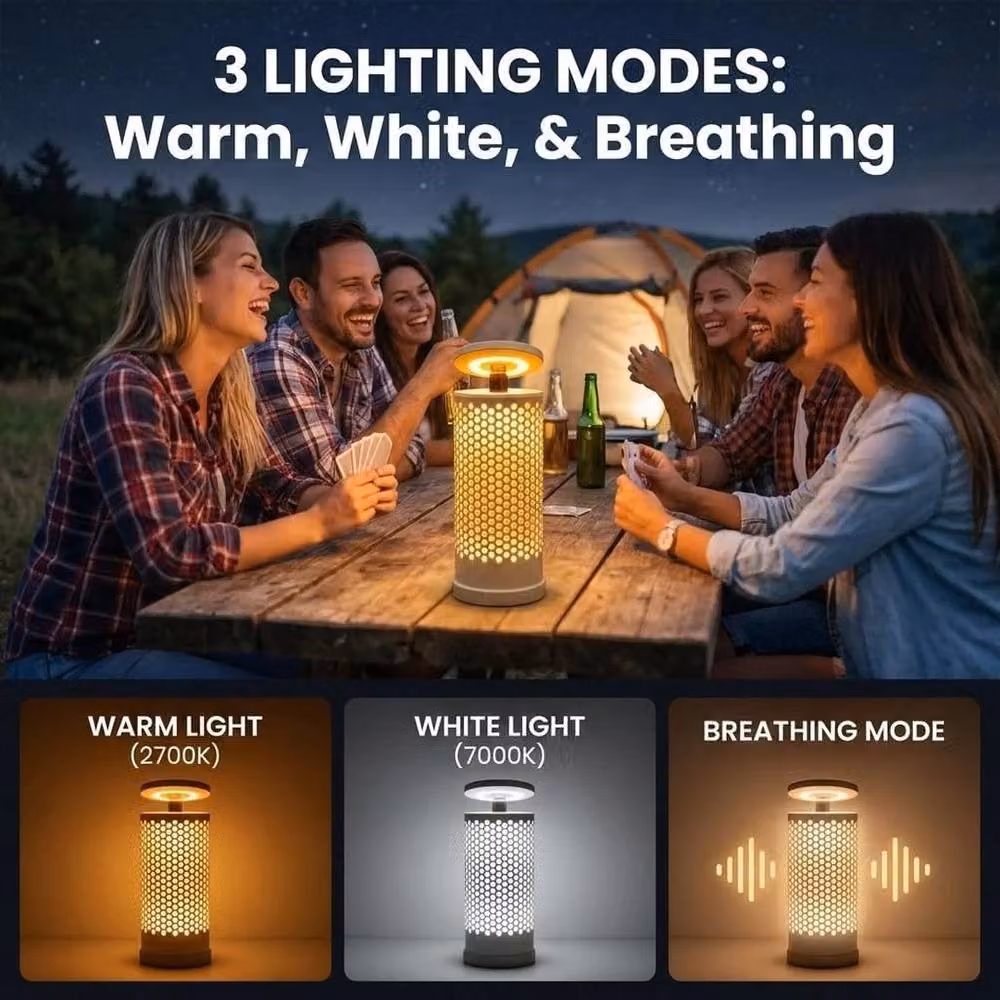 VOGREX Dimmable Telescopic Camping Lantern in Beige, Height Adjustable Rechargeable Table Lamp – 3