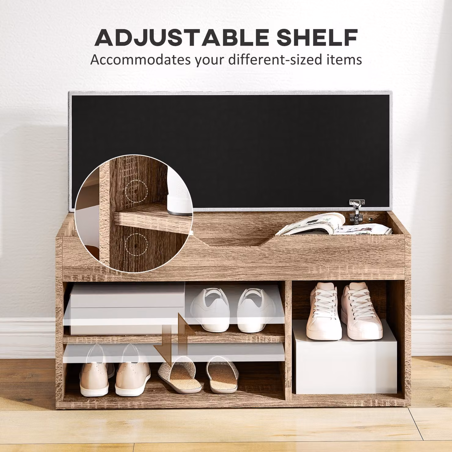 HOMCOM Grey Wood Grain Shoe Cabinet Bench with Padded Seat and Hidden Storage Organiser – 5