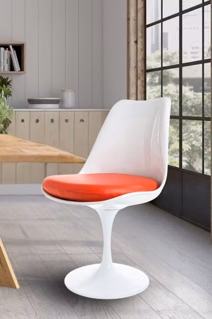 Fusion Living White Tulip Swivel Dining Chair with Red Synthetic Leather Cushion