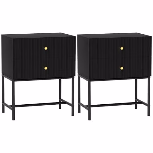 HOMCOM Modern Bedside Table Set of 2 with 2 Drawers in Black and Gold