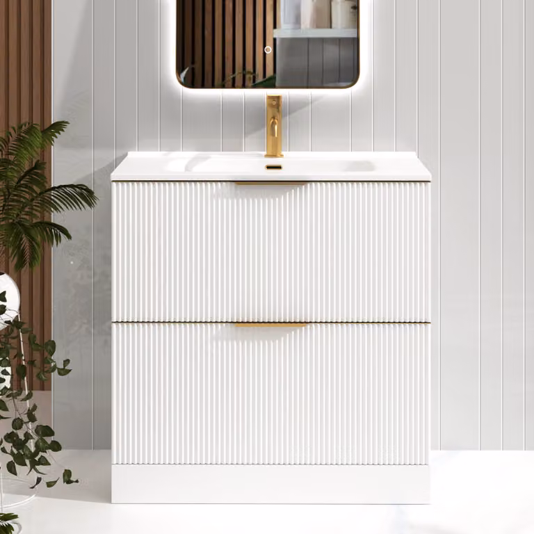 Royal Bathrooms Evora 800mm Matt White Fluted Floor Standing 2 Drawer Vanity Unit with Ceramic Basin and Brushed Brass Handles