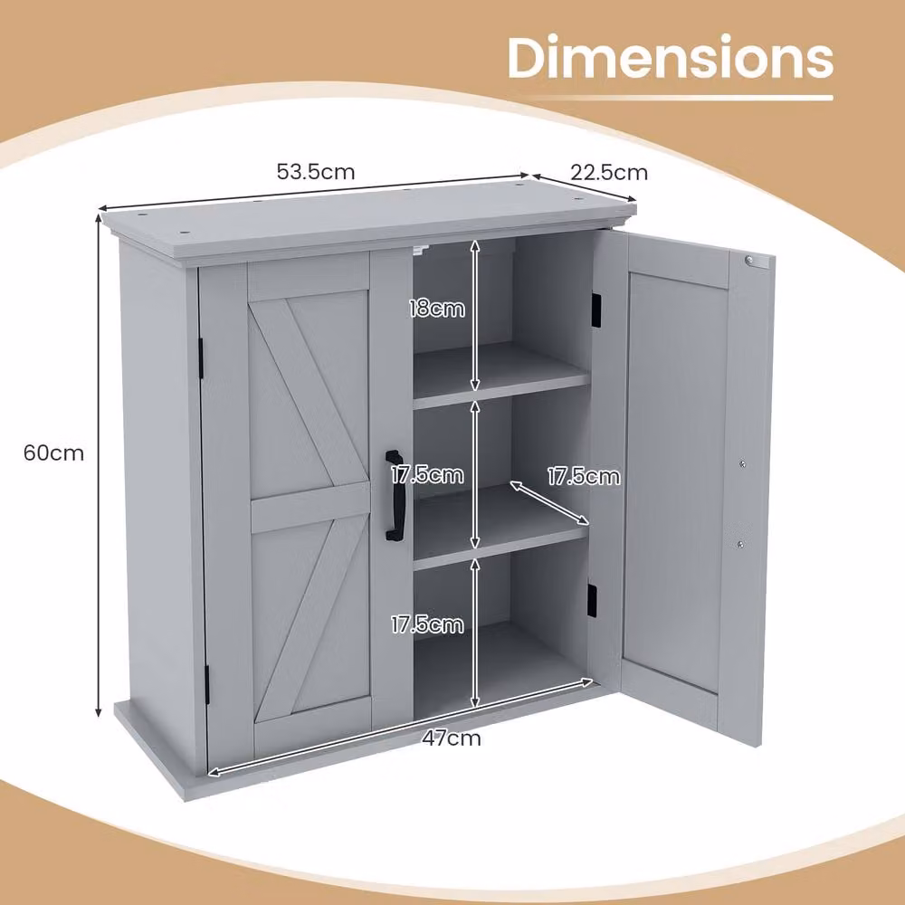 Costway Grey Farmhouse Wall Mounted Bathroom and Kitchen Cabinet with 2 Hinged Doors and Internal Shelves – 2