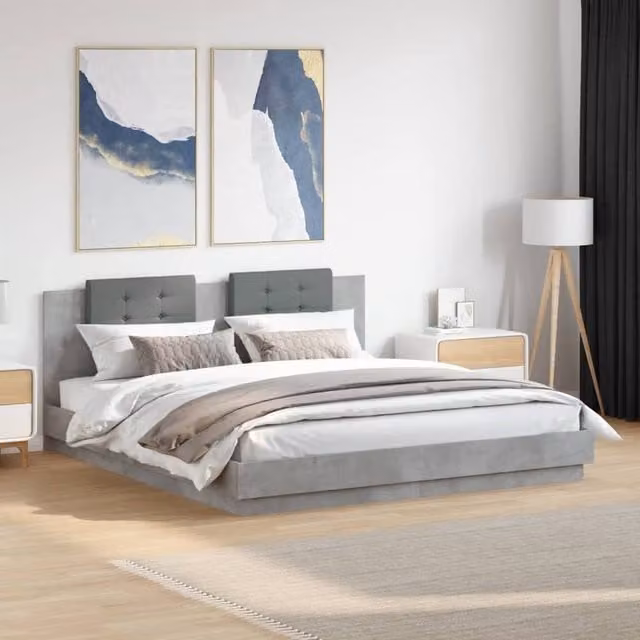 Berkfield Home Modern Upholstered Bed Frame with LED Lighting and USB Charging Port in Concrete Grey, W/D/H: 200 x 200 cm