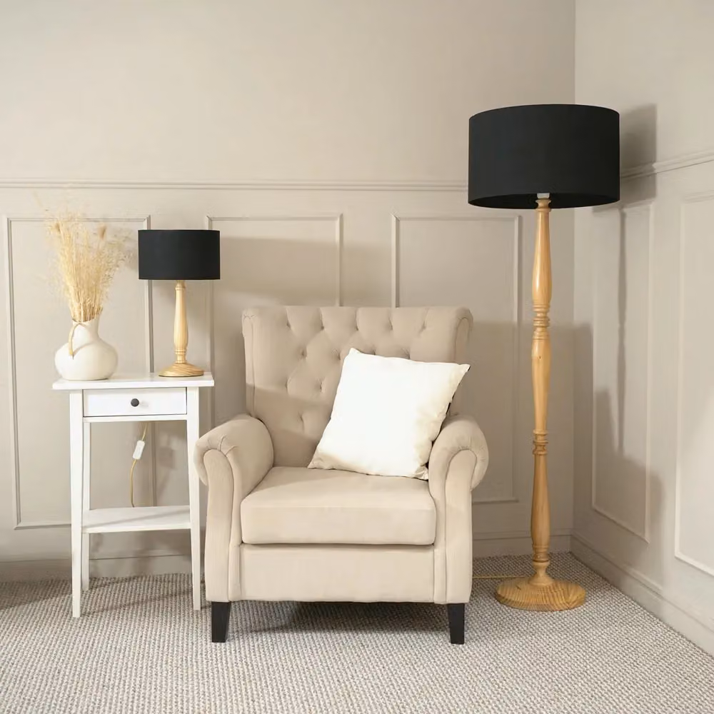 ValueLights Victoria Traditional Floor Lamp with Wood Base, Grey Fabric Drum Shade and LED Bulb in Black – 3