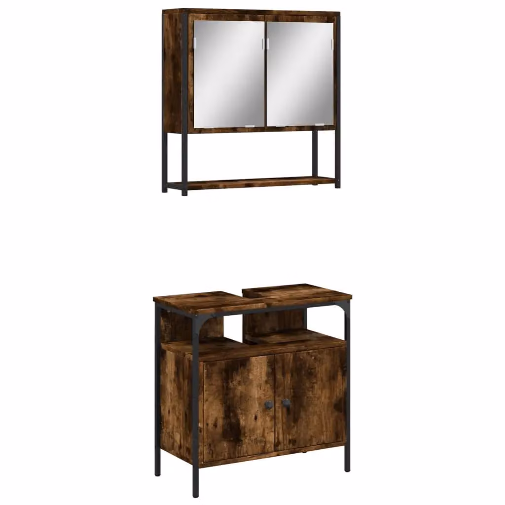 Berkfield Home 2 Piece Brown Smoked Oak Bathroom Furniture Set with Mirror Cabinet and Vanity Unit – 2