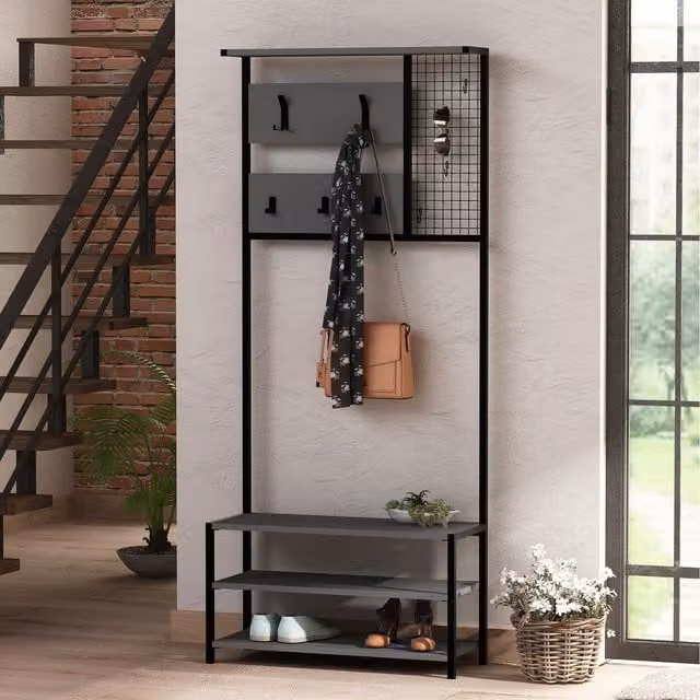 GFW Industrial Hall Tree with Bench and Distributed Point Hooks in Matt Black and Grey