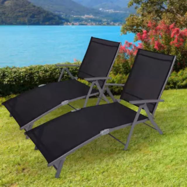Garden Mile Set of 2 Modern Ergonomic Textilene Recliner Sun Loungers in Black and Grey