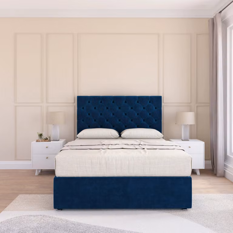 Sloomy Mayfair King Size Divan Bed Base and Floor Standing Chesterfield Headboard in Navy Blue Velvet, W/D/H: 180 x 200 cm