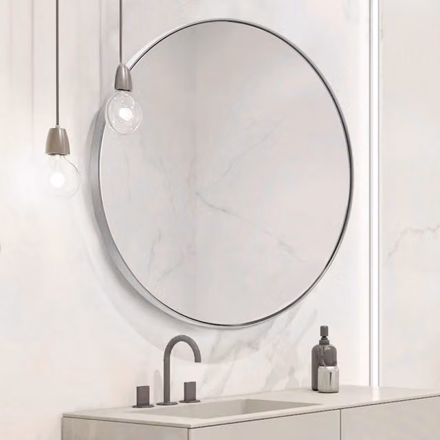 Livingandhome Minimalist Round Metal Framed Wall Mirror in Silver, Diameter: 60 cm