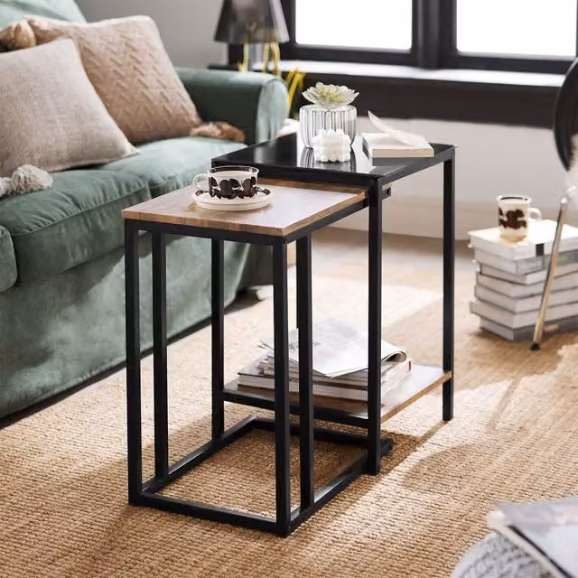 SoBuy Nest of 2 Industrial Style Coffee Tables with Black Glossy Glass and Metal Tops