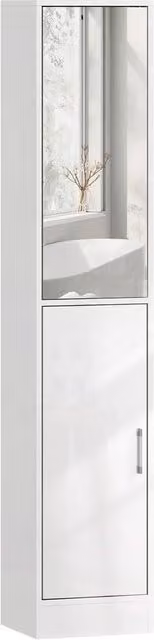 FORGEVIO Modern Glossy White Freestanding Bathroom Cabinet with Glass Doors and Internal Shelves, H: 162 cm, W: 32 cm, D: 28 cm