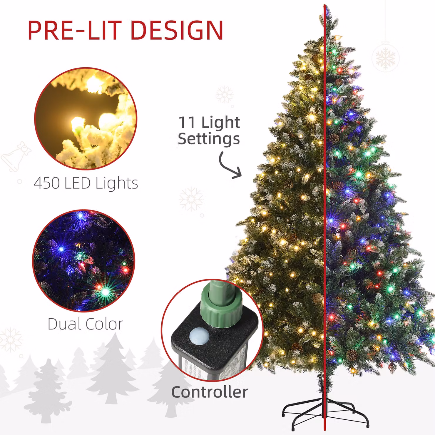 HOMCOM 7ft Prelit Artificial Christmas Tree with Dual Colour LED Lights and 1466 Tips in Green – 4