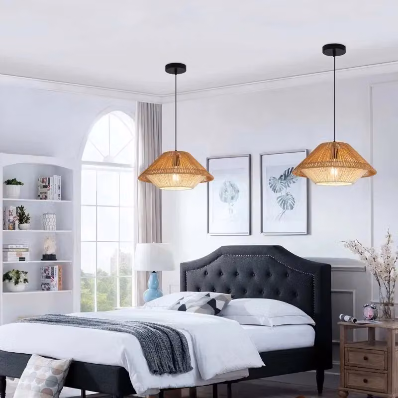 Garwarm Brown Rattan Farmhouse Cone Pendant Light with Adjustable Height and Dimmable Function – 3