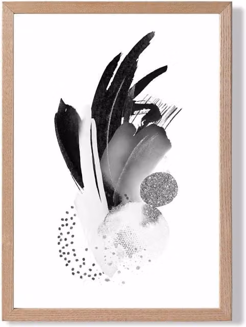 ARTZE Black and White Abstract Watercolour Shapes Framed Print with Oak Frame
