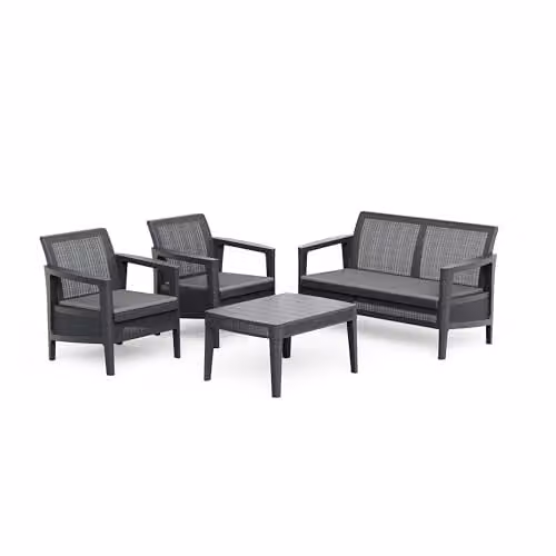 Keter Atlas Linea 4-Seater Outdoor Lounge Set in Grey, featuring a 3-seater sofa, 2-seater sofa, armchair, and coffee table with UV-resistant cushions – 1