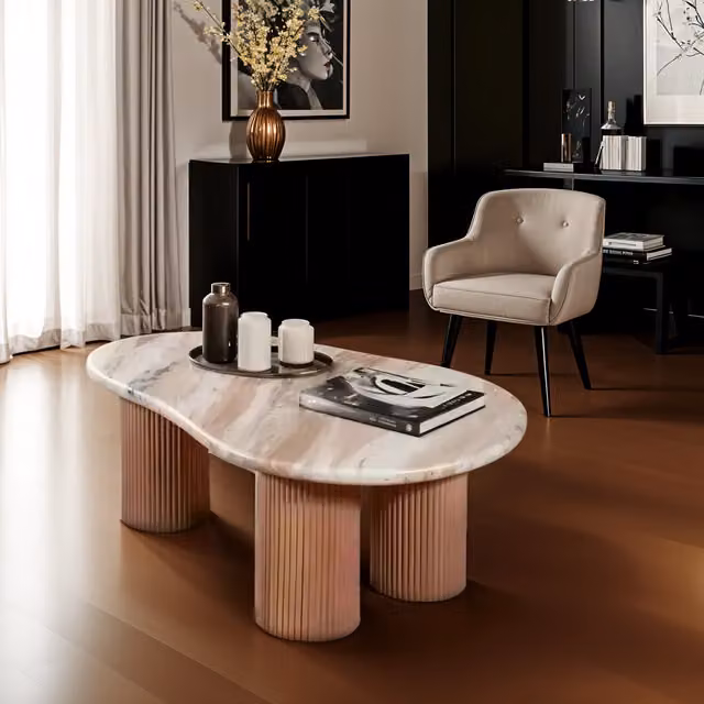 IH Design Bundi Modern Oval Coffee Table with Natural Marble and Wood in Brown and Multicolour