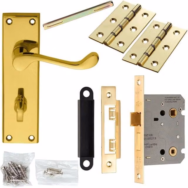 Loops Polished Brass Victorian Scroll Lever Door Handle and Bathroom Lock Pack in Gold