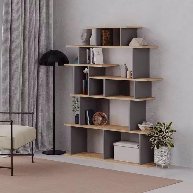 FWStyle Large 6 Tier Modern Bookcase Shelving Unit in Anthracite Grey and Oak