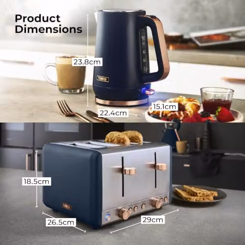 Tower Cavaletto 1.7L Rapid Boil Jug Kettle and 4 Slice Toaster Bundle in Midnight Blue with Rose Gold Accents – 11