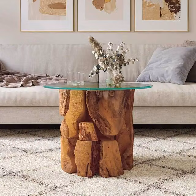 Berkfield Home Round Solid Teak and Glass Coffee Table with Live Edge in Brown, W: 60 cm, D: 60 cm, H: 40 cm – 1