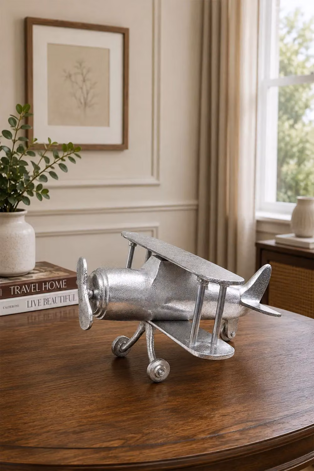 Homescapes Large Designer Biplane Solid Metal Table Top in Silver – 2