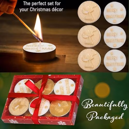 Deco Express Unscented Christmas Tealight Candle Set, 6 Pack, White and Gold – 3